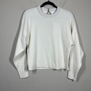 (Nude) Fashion 38/Small Crewneck Knit Beaded Sweater White Wool Long Sleeves